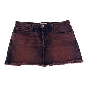 Levis Icon Skirt Dark Red Wash Denim Mini Raw Hem Button Fly - Size 33